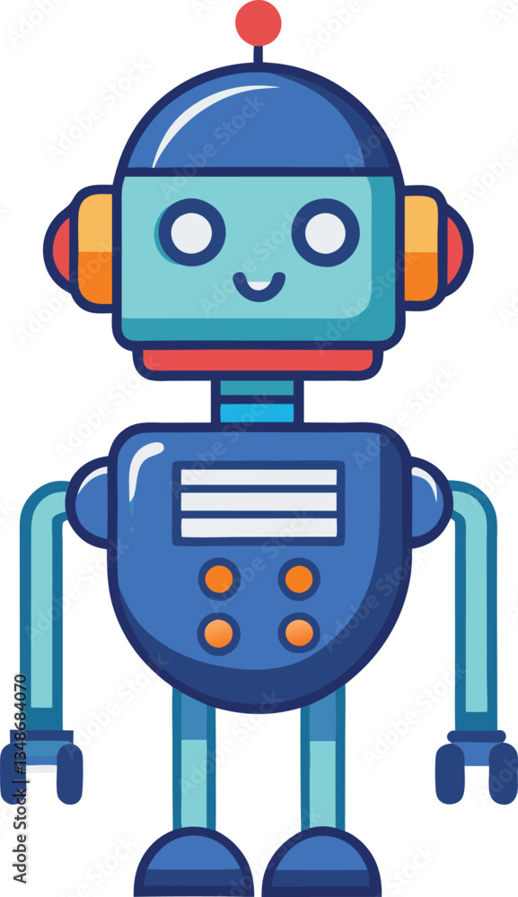 Cheerful Retro Robot with Headphones and Colorful Buttons, A cheerful retro-style robot with colorful buttons, mechanical arms, and headphones, symbolizing robotics, automation, and fun technology in Cheerful Retro Robot with Headphones and Colorful Buttons, A cheerful retro-style robot with colorful buttons, mechanical arms, and headphones, symbolizing robotics, automation, and fun technology in