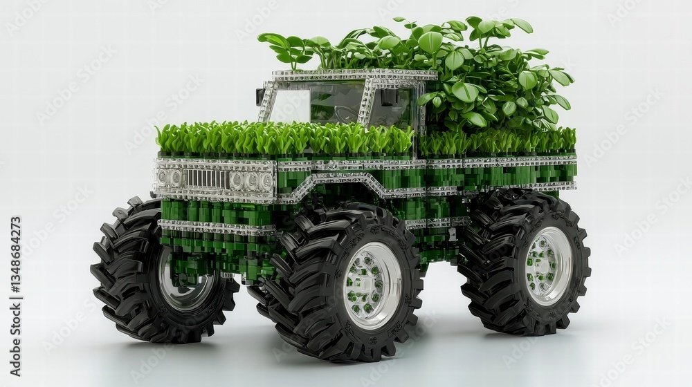 Fototapeta premium Green Voxel Monster Truck with Plants in White Studio