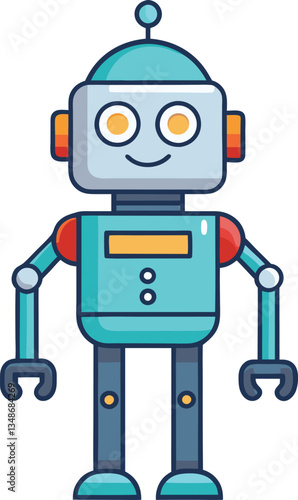 Friendly Retro Robot with Orange Accents, A friendly retro robot with orange accents, colorful buttons, and mechanical arms, representing robotics, technology, and automation in a playful design.
