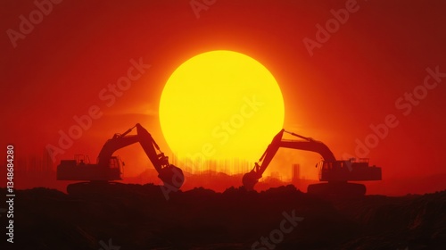 Wallpaper Mural Silhouette Excavators at Sunset: Construction Machinery Against a Vibrant Sky Torontodigital.ca
