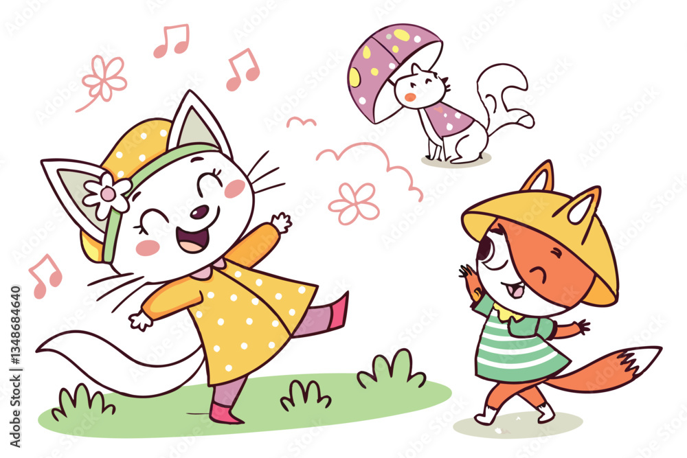 11 Whimsical cartoon animals, playful cat characters, colorful hand-drawn illustrations, anthropomorphic foxes and cats, cheerful dancing creatures, childlike art style, vibrant clothing, quirky poses 11 Whimsical cartoon animals, playful cat characters, colorful hand-drawn illustrations, anthropomorphic foxes and cats, cheerful dancing creatures, childlike art style, vibrant clothing, quirky poses
