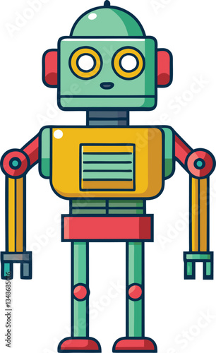 Colorful Retro Robot with Mechanical Arms, A colorful retro-style robot with mechanical arms and a vintage design, symbolizing robotics, technology, and automation in a fun, playful way.
