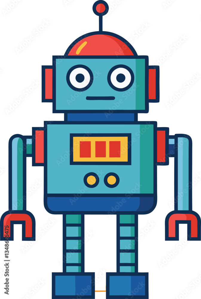 Fototapeta premium Colorful Retro Robot with Mechanical Arms, A colorful retro-style robot with mechanical arms and buttons, symbolizing robotics, automation, and technology in a playful design. 