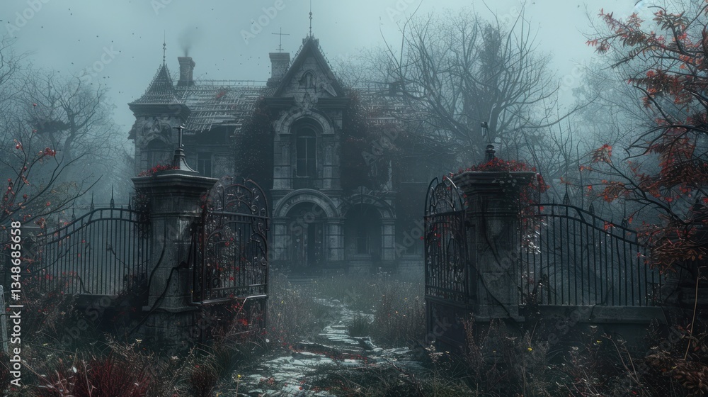 Foggy, abandoned mansion, shrouded in mist, with wrought iron gates Foggy, abandoned mansion, shrouded in mist, with wrought iron gates