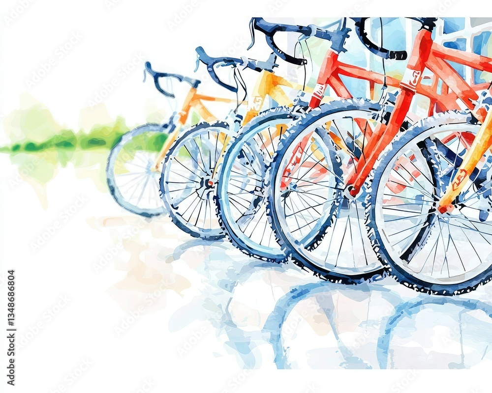 Fototapeta premium A vibrant illustration of colorful bicycles lined up, showcasing their wheels and frames against a soft, blurred background.