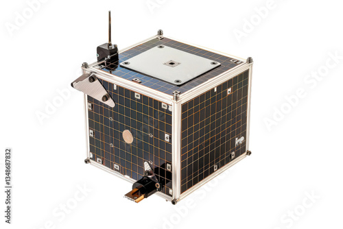 A compact CubeSat satellite with a metallic gold panel. Designed for space exploration and scientific missions
