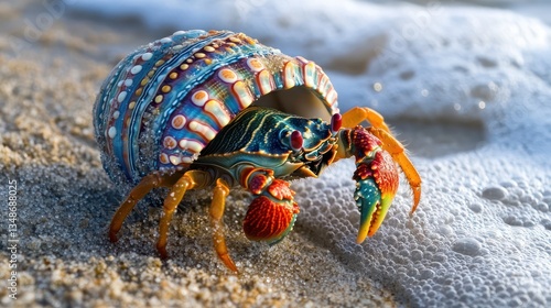 Colorful Hermit Crab on Sandy Beach with Waves