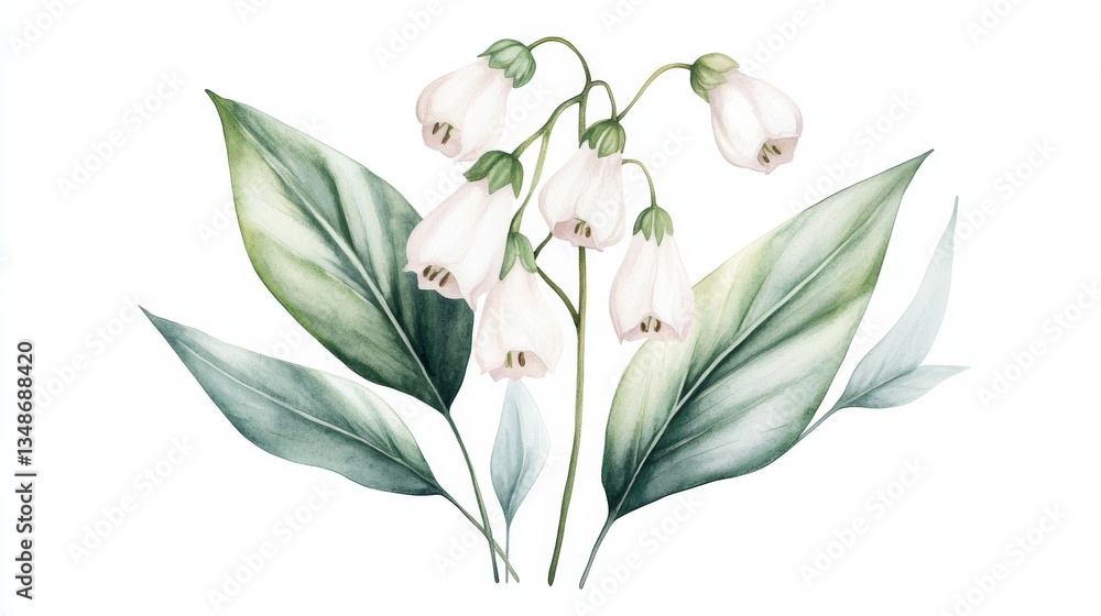 Obraz premium Watercolor Illustration of White Bell Flowers and Green Leaves, Floral Art , Botanical Art