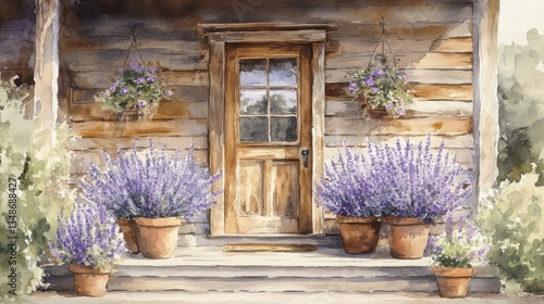 Watercolor classic farmhouse doors with brass knockers and ivy-covered walls. Rustic Watercolor Painting of a House with Lavender Plants