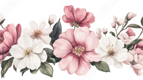 Watercolor Pink and White Flowers Border Design, Floral, Watercolour