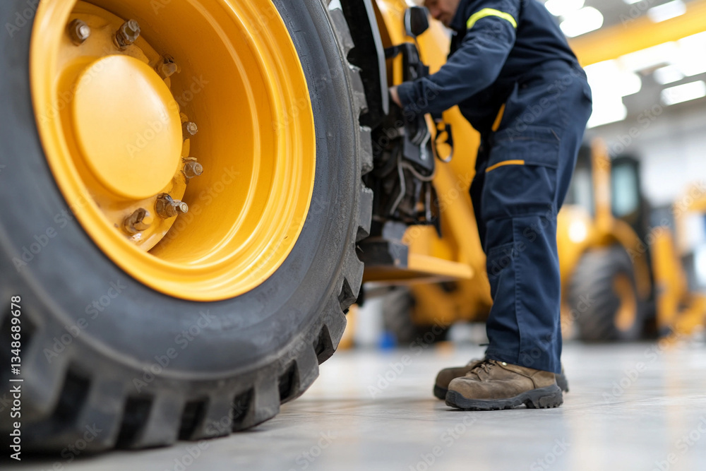 Fototapeta premium Mechanic repairs large industrial vehicle in workshop during daytime