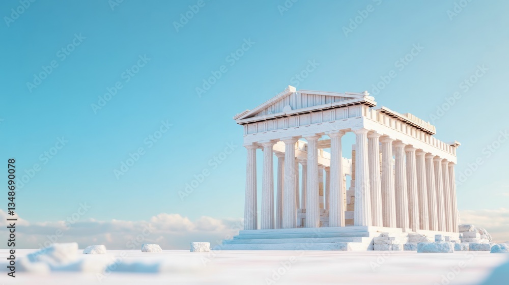Fototapeta premium Greek Temple Ruins White Columns, Blue Sky Minimalist Scene, Ancient, Architecture
