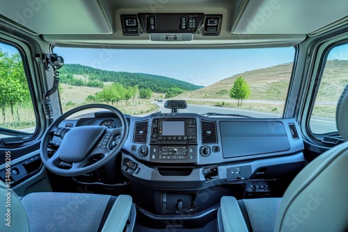 A spacious truck interior showing the clean dashboard and the driver's seat in sharp detail