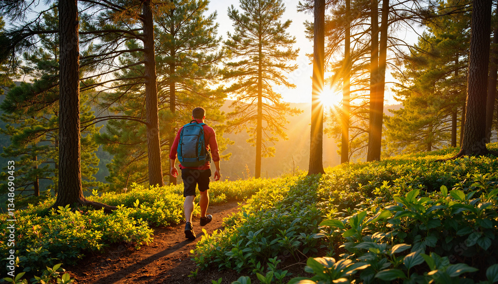 Obraz premium Man hiking through serene forest at sunset, embracing nature’s beauty