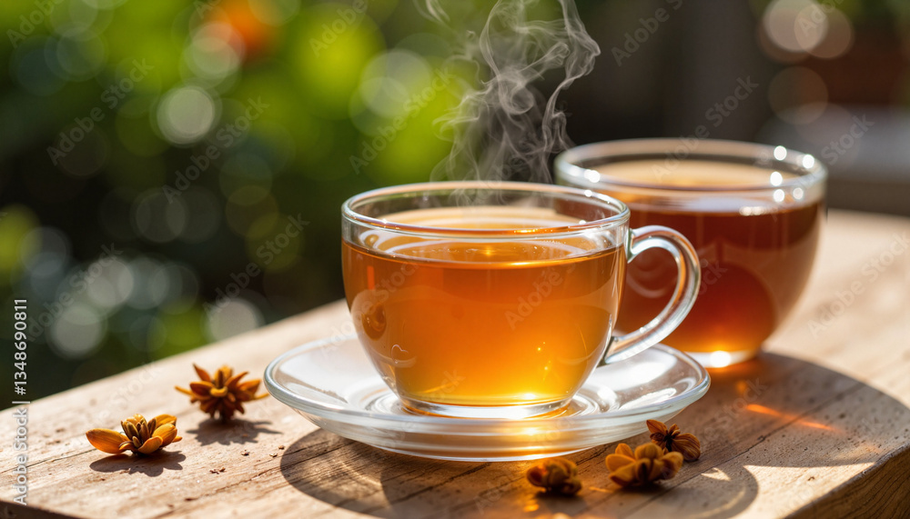 Steaming saffron tea displayed on wooden table, warmth and comfort Steaming saffron tea displayed on wooden table, warmth and comfort
