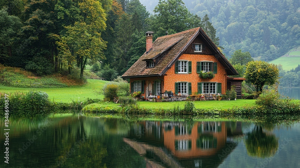 Fototapeta premium Rustic House by Lake in Alpine Valley