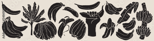 Banana hand drawn silhouette bundle. Tropical fruits linocut elements. Summer food with palm and leaves. Botanical set. Cartoon illustration of fruit mix, harvest in doodle retro style