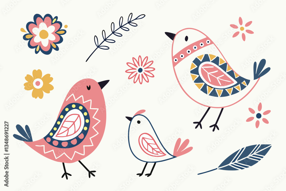 Obraz premium 12 Colorful abstract bird shapes, whimsical bird icons, minimalist bird designs, pastel color palette, playful geometric patterns, folk art inspired birds, hand-drawn style, flat design, quirky avian 