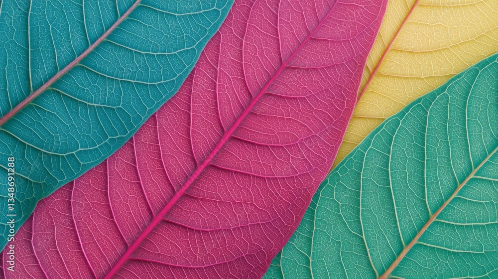 Obraz premium Colorful Leaves Close-Up Detailed Veins in Pink, Yellow, Green, Nature , Texture