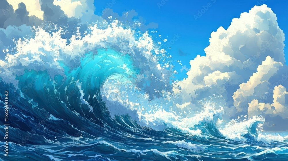 Naklejka premium Ocean wave, blue sky, dramatic clouds, artistic style, background image, nature, digital art