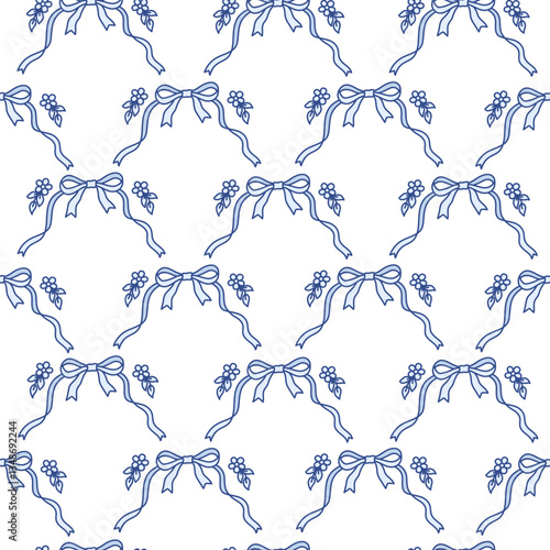Holiday decorative seamless pattern of coquette blue bows with cute small flowers. Trendy ribbons background. Vintage bowknots backdrop for greeting cards, fabric, wallpaper, wrapping paper