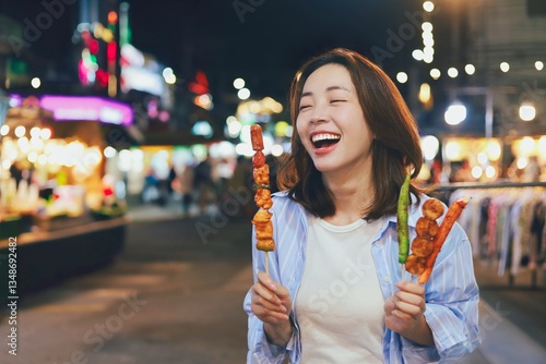 Happy young Asian woman walking in the night market,woman enjoying street food at local night market