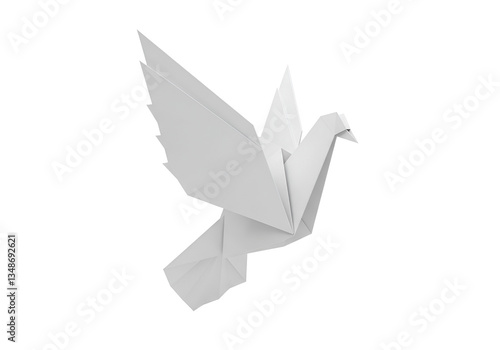 White Origami Dove with Intricate Folds in Flight, Clean 3D Render