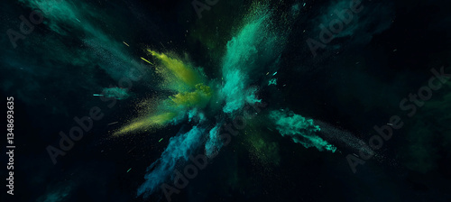 A black background features an explosion of blue, green, and yellow powder in the center, creating a vibrant and dynamic visual effect with vivid color contrasts and energy.