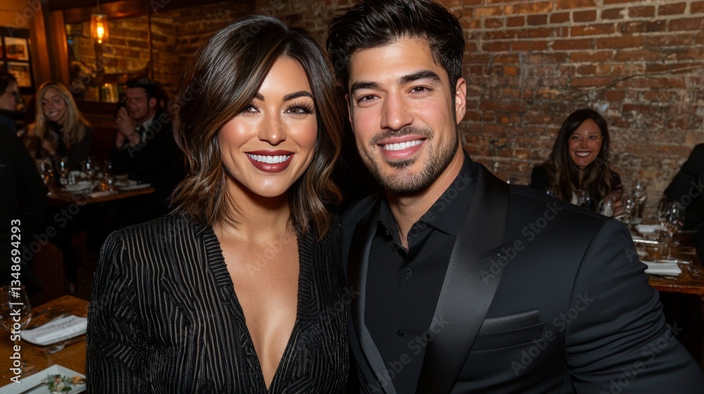 Elegant couple dressed in black attending a formal event in a sophisticated indoor setting creating a stylish and glamorous stock image