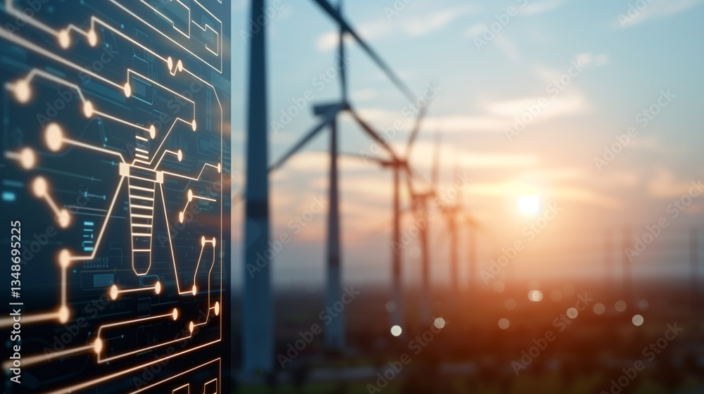 Fototapeta premium Wind turbines and digital circuit board representing renewable energy technology at sunset