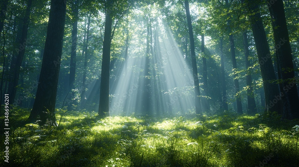 Fototapeta premium Sunlight beams through misty forest floor