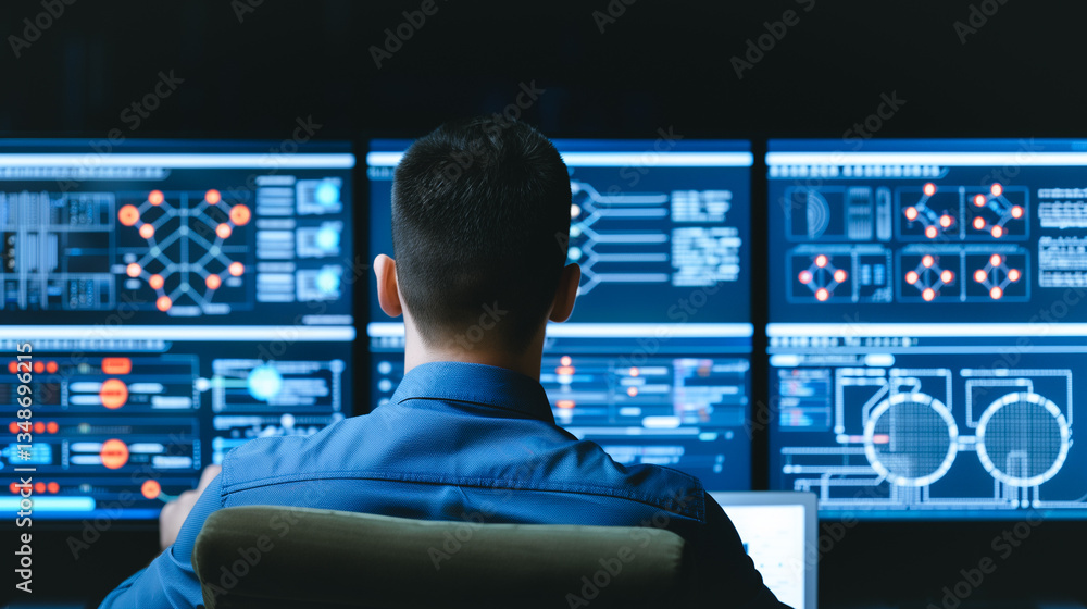 Cyber Sentinel: A focused individual monitors complex data streams on multiple screens in a high-tech control room, evoking a sense of security and technological prowess. Cyber Sentinel: A focused individual monitors complex data streams on multiple screens in a high-tech control room, evoking a sense of security and technological prowess.