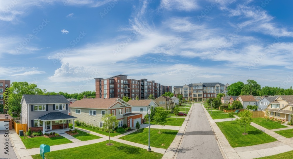Fototapeta premium Panoramic view of suburban neighborhood with houses, trees, and apartment buildings under blue sky