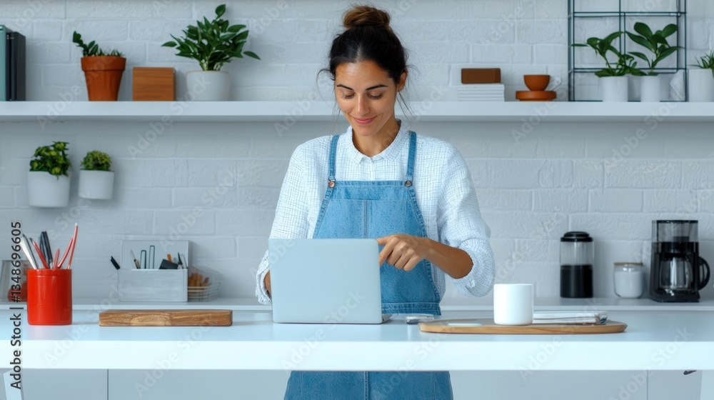 Lifestyle influencer working on a laptop capturing her morning routine in a cozy home environment Lifestyle influencer working on a laptop capturing her morning routine in a cozy home environment