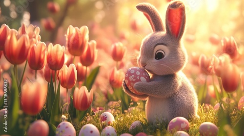 Adorable Easter Bunny Holds Egg Amidst Tulips