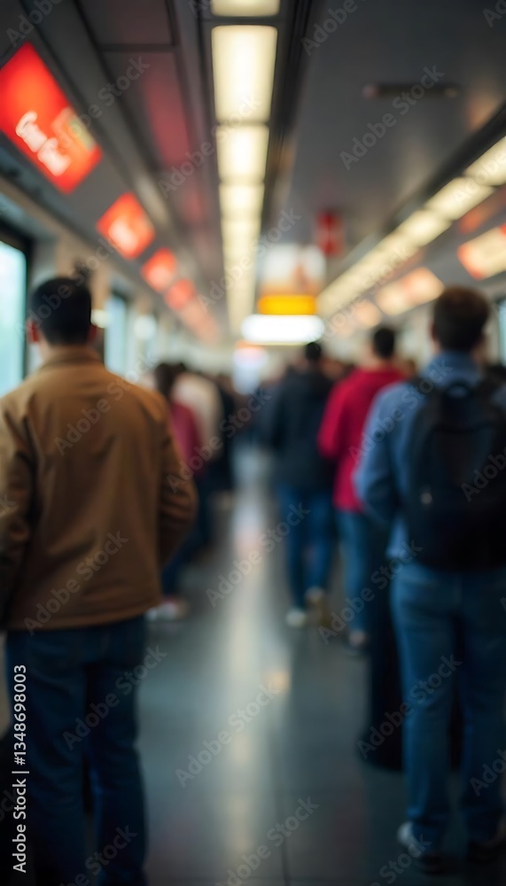 Generative AI blurred shot inside a busy train car with commuters standing on commute Generative AI blurred shot inside a busy train car with commuters standing on commute
