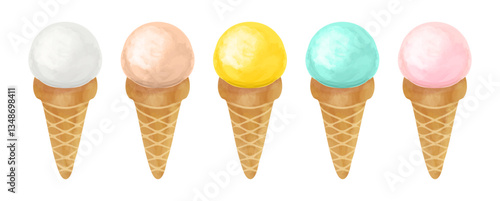 Ice cream cone collection created in digital watercolor technic. Vanilla frozen, chocolate, lemon, mint, strawberry ice cream collection. All the images are grouped and easy to use