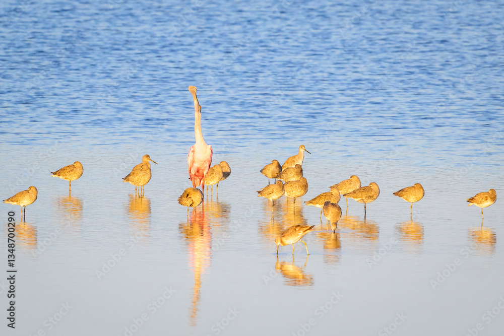 Roseate Spoonbill (Platalea ajaja) and Willet (Tringa semipalmata) foraging in shallow water, Merritt Island, Florida, United States.