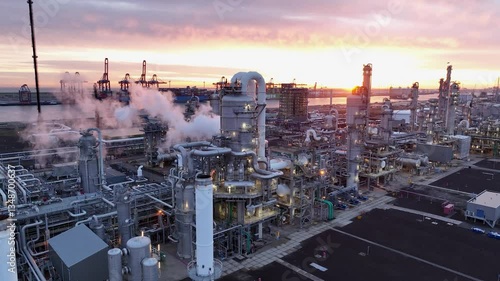 Aerial view of chemical plant at sunset. Drone shot. Billowing steam from smoke stack filling sky. Smoking chimneys from factory. Chimneys of big oil refinery at sunrise polluting environment. Night