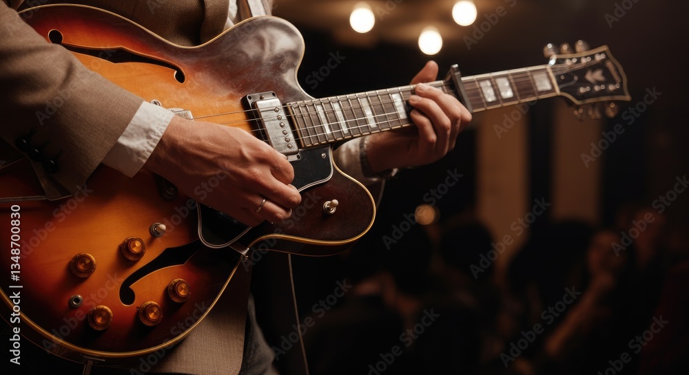 Obraz premium Man playing electric guitar in dimly-lit, rustic setting with audience background