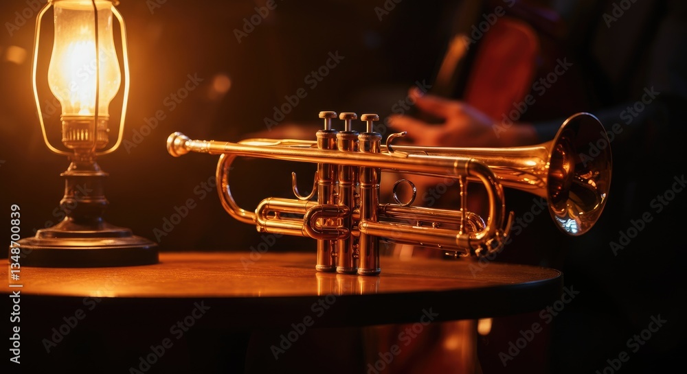 Obraz premium Shiny trumpet on wooden table by lantern, dark background