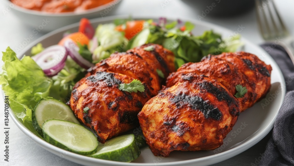 Grilled chicken with vibrant red sauce, served with fresh salad and cucumber slices Grilled chicken with vibrant red sauce, served with fresh salad and cucumber slices