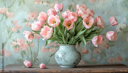 A bouquet of pale pink tulips in a rustic vase. Delicate blooms against a floral backdrop.