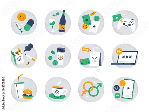 A set of different types of addictions. Awareness, psychology, and lifestyle concepts. Vector illustrations on a white background.