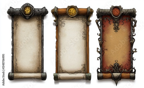 Three antique scroll-style UI elements, featuring varied decorative borders and parchment backgrounds
