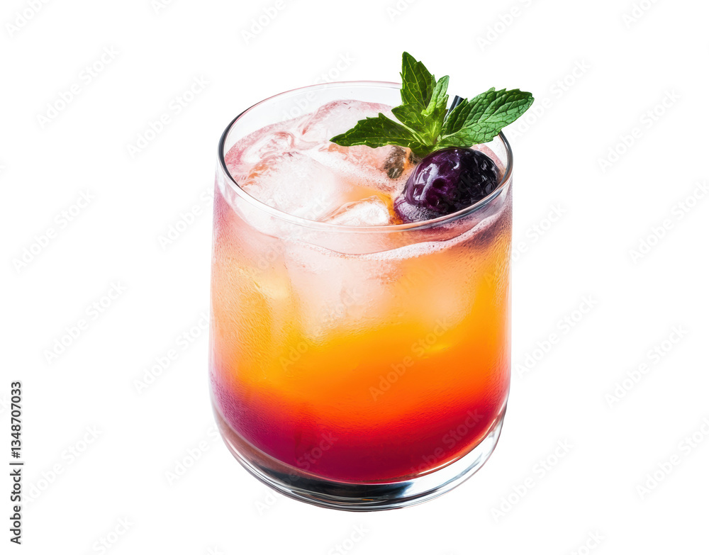 Refreshing layered drink garnished with mint leaves and fruit on a transparent background, cut out Refreshing layered drink garnished with mint leaves and fruit on a transparent background, cut out