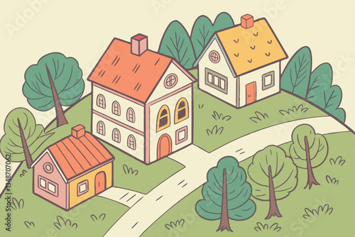 17 Colorful village landscape, densely packed houses, vibrant rooftops, hillside community, whimsical illustration style, cheerful colors, cartoon-like buildings, green trees, urban sprawl, playful ar