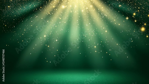 Emerald green stage illuminated by golden glitter