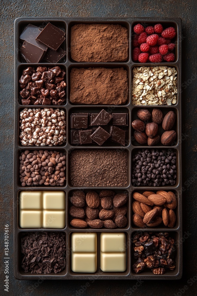 Variety of chocolates, nuts, and toppings displayed on an elegant tray for confectionery preparation and tasting Variety of chocolates, nuts, and toppings displayed on an elegant tray for confectionery preparation and tasting