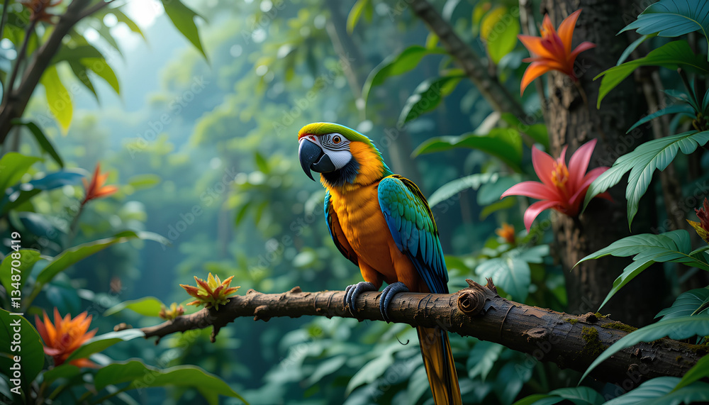 Obraz premium A colorful macaw sitting on a tree branch in a tropical rainforest